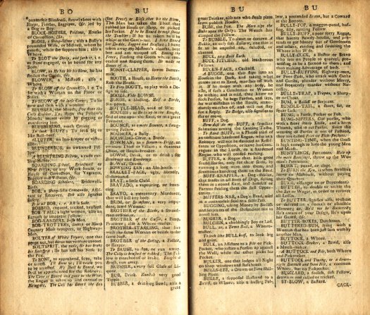 Image found at www.fromoldbooks.org which shows a dictionary of thieving slang from 1736